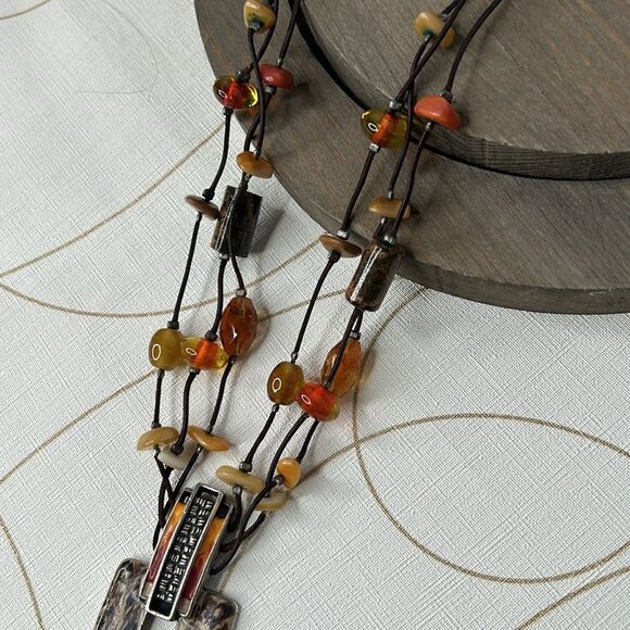 CHICO'S Necklace Rectangle Pendant Multi Strand Orange Beads Brown Beaded Cord - Picture 3 of 6
